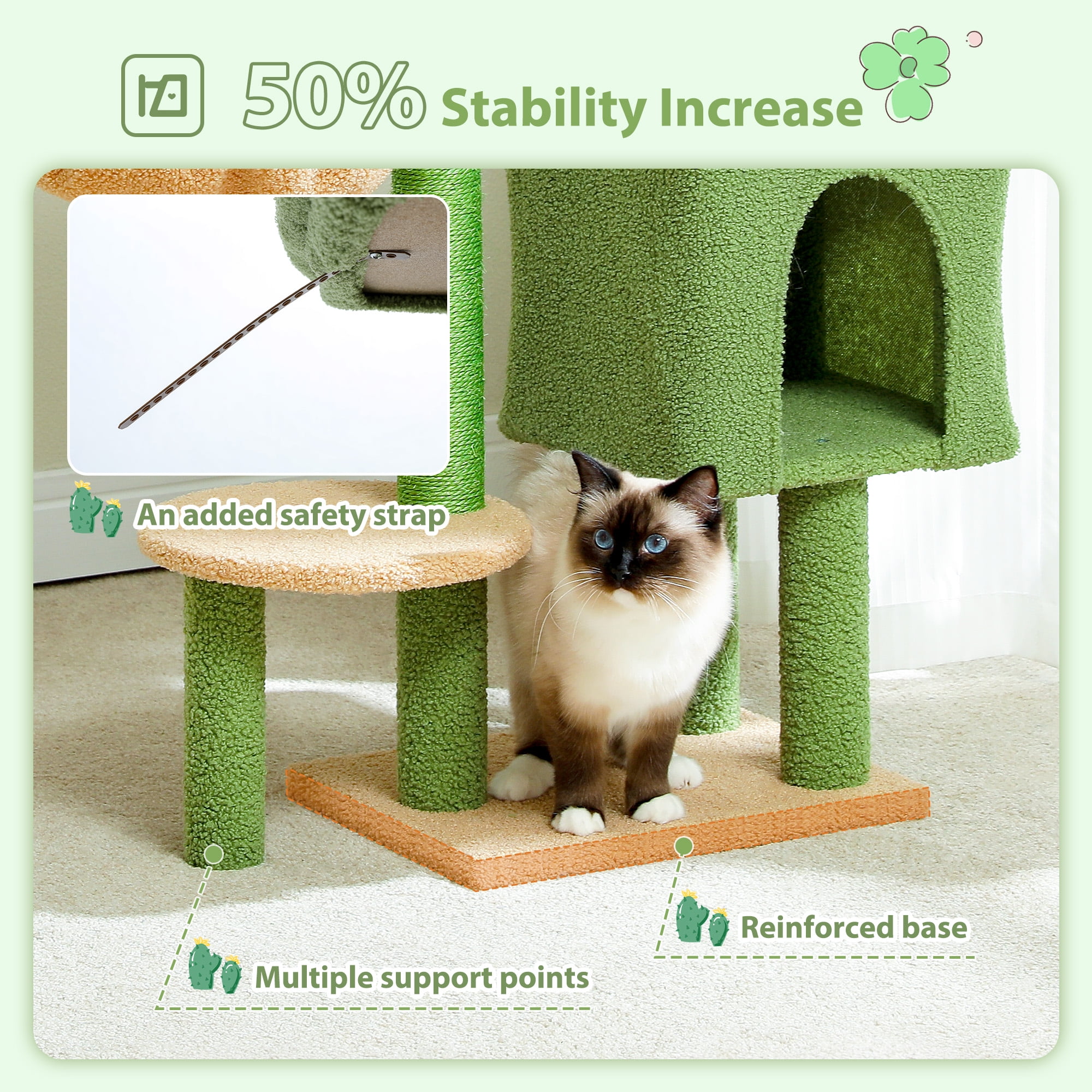 Pefilos 35.4" Cactus Cat Tree Tower for Indoor Cats w/Large Top Bed, Comfy Hammock for Kittens, Cat Scratching Post and Dangling Ball, Green