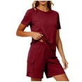 thumbnail image 6 of Women's 2 Piece Home Wear Crew Neck Short Sleeve Tops Elastic Waist Pockets Shorts Summer Comfy Lounge Sets (XL, Wine), 6 of 6