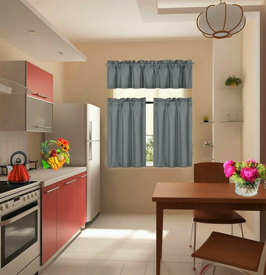 K3 3PC SILVER FAUX LINED KITCHEN WINDOW CURTAIN 2 TIERS 1 SWAG VALANCE SET 