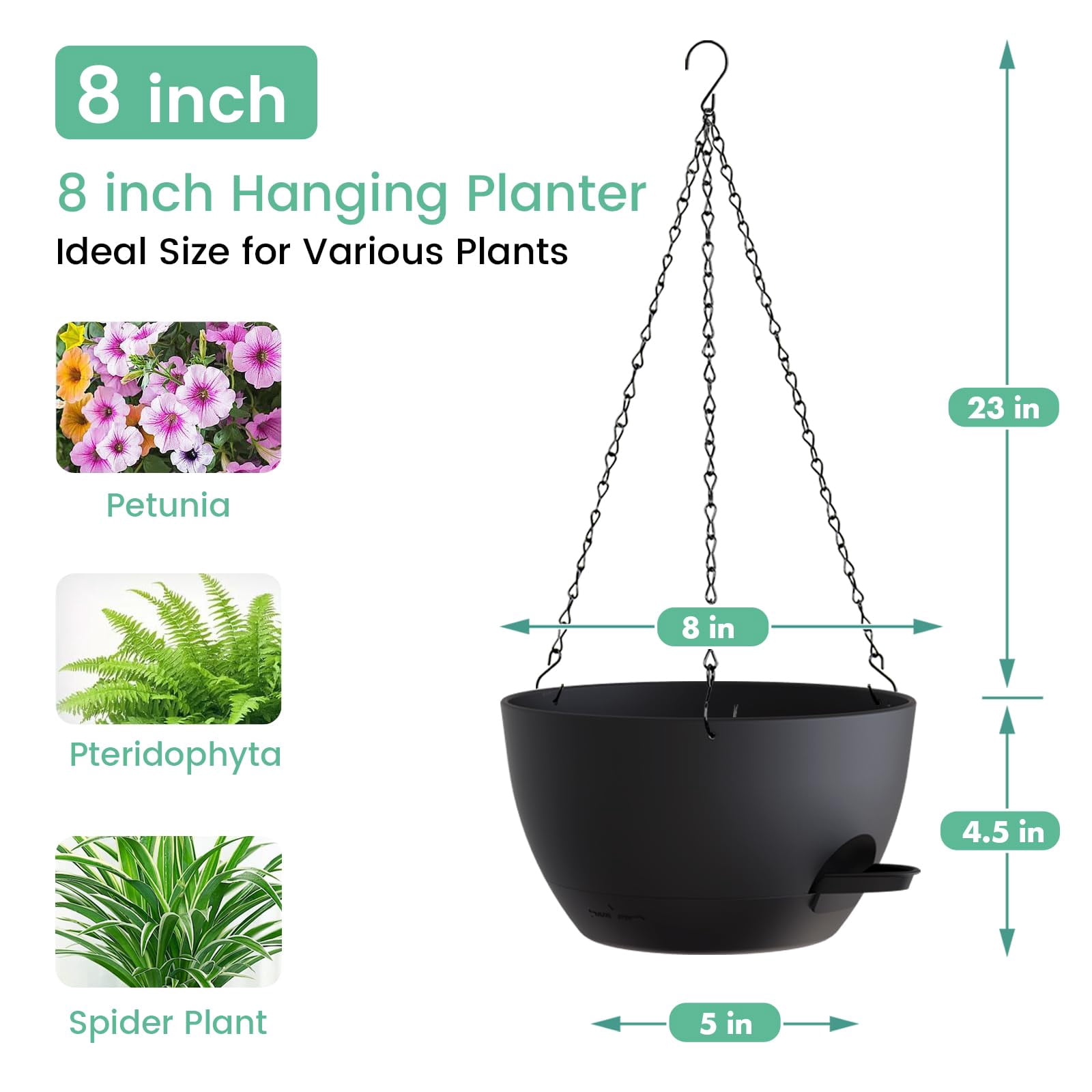 4 Pack 8 Inch Self Watering Hanging Planters For Indoor Outdoor Plants Pots With Drainage Removable Tray  Baskets Flower Ivy Pothos Garden Porch Black