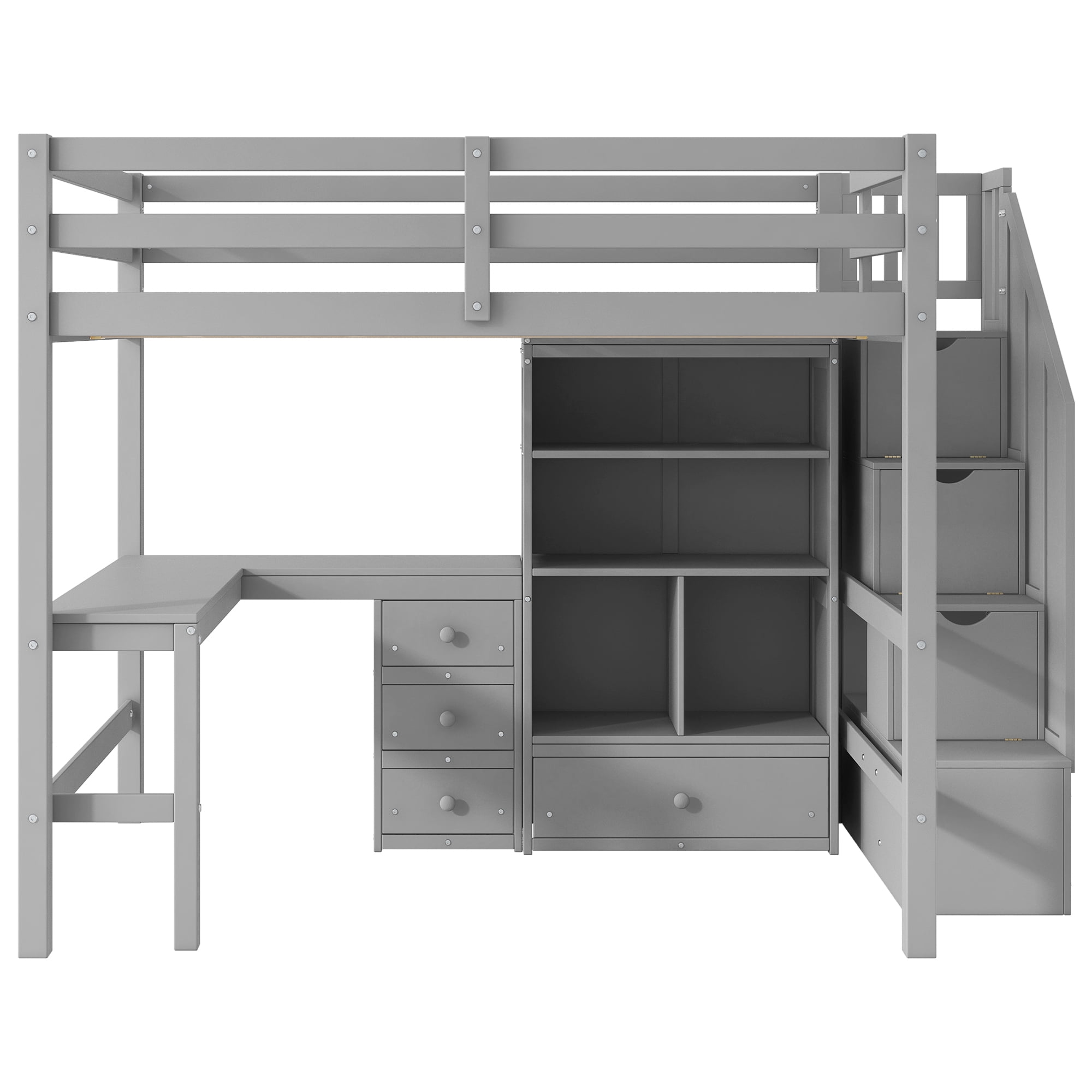 Euroco Full Size Pine Wood Loft Bed with Desk and Cabinets for Kids Teens Room, Storage Staircase Shelf, Gray