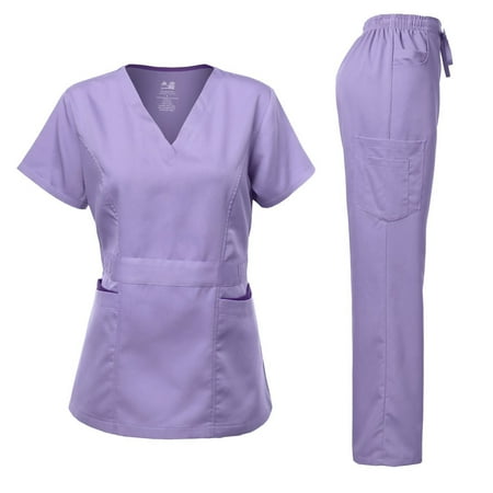 

Dagacci Medical Uniform Women s Scrubs Set Stretch Ultra Soft Contrast pocket (Lavender 2X-Small)