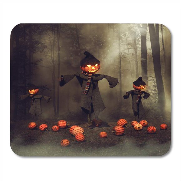 POGLIP 3Dillustration Scarecrows in Pumpkin Field Near Dark Forest 3D Fog Mousepad Mouse Pad Mouse Mat 9x10 inch