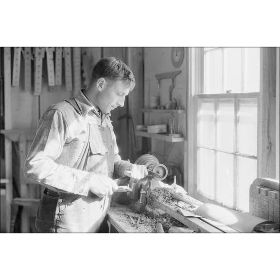 24"x36" Gallery Poster, Gatlinburg, Tennessee 1933, close-up of one of the men in the shop of the Woodcrafters and Carvers