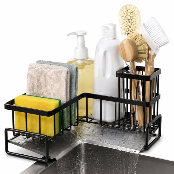1 Set Kitchen Sink Caddy Organizer, Metal Sponge and Brush Storage Rack, Sink Side Cleaning Tool Holder with Detachable Draining Drip Tray, Countertop Dish Soap Storage Caddy for Kitchen Sink