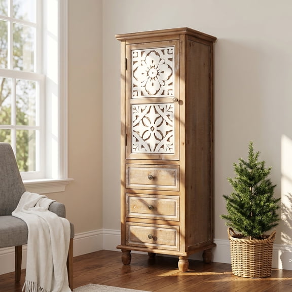 53.9" Tall Storage Cabinet, Solid Wood Narrow Accent Cabinet with Embossed Floral Door & 3 Drawers, Natural Wood Rustic Freestanding Cabinet for Kitchen/Living Room/Enterway