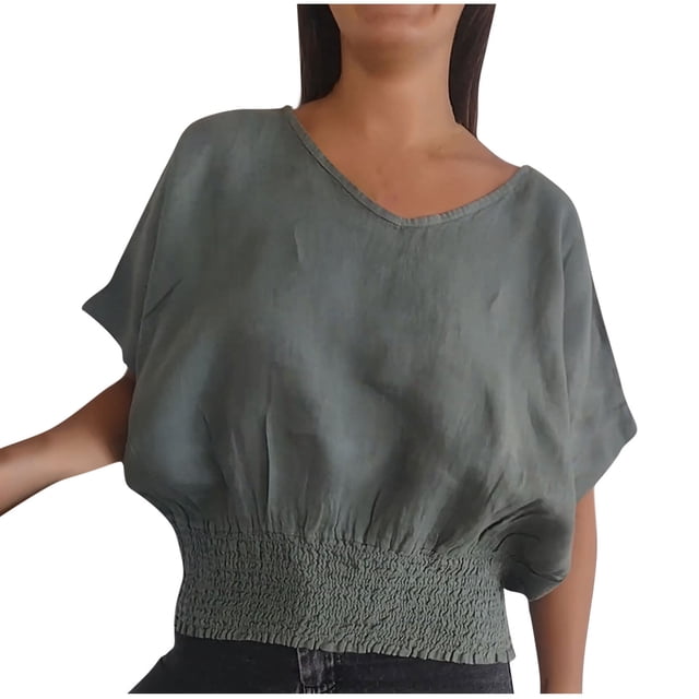 Birdeem Women Summer V Neck Casual Solid Color Short Sleeves Pullover Blouse