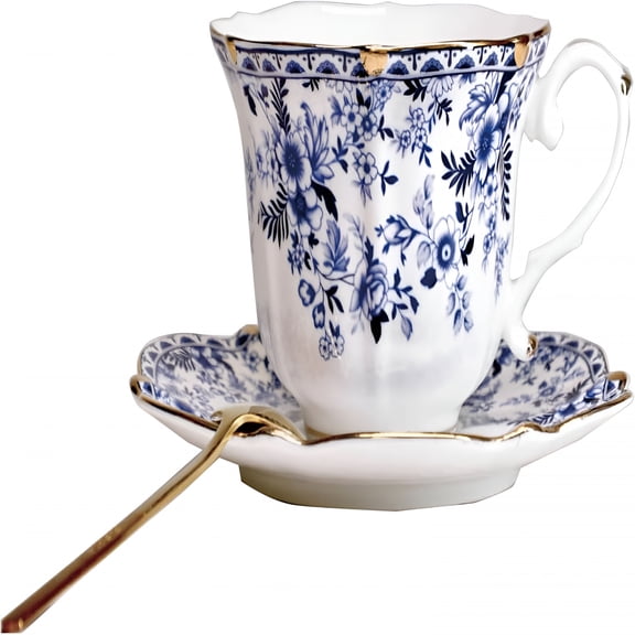 ACDANC 2026 New Vintage Floral Porcelain Tea Cup and Saucer Set with Spoon,Gold Trim,6.4 Oz for Tea, Coffee, Espresso, Brunch, Set of 1,Blue – Tea & Espresso & Coffee Cups