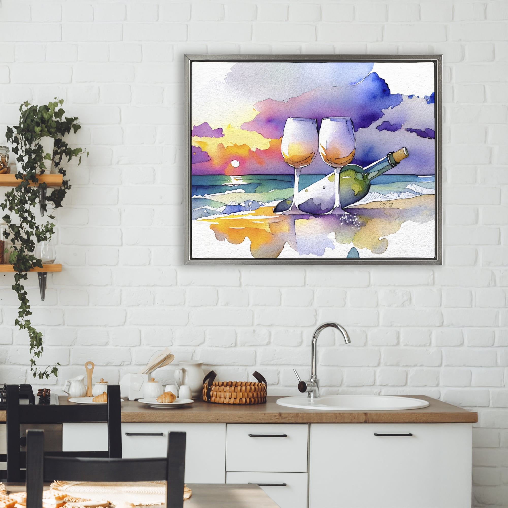 Stupell Industries Coastal Cheers with Wine Gray Framed Floater Canvas Wall Art, design by Shelly Craig