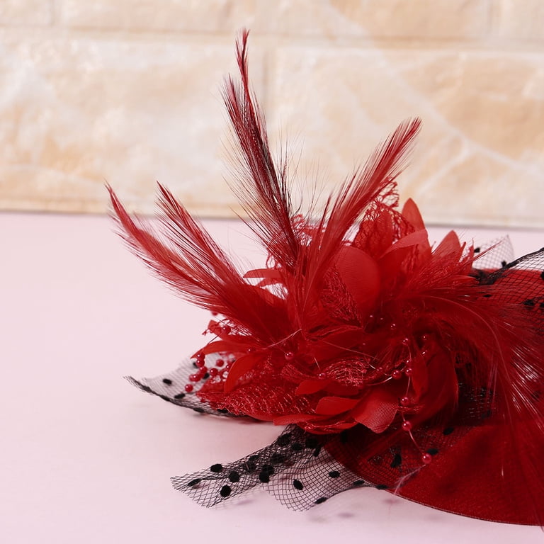 Deep Red Fascinator Tulle Flower Beads Feathers Headband Tea Weddings Church Red Fascinator Hat Wedding Church Headpiece Women Formal  main image 3