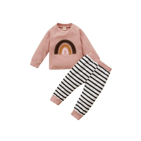 

Sunisery 2Pcs Infant Girls Boys Casual Outfits Baby Rainbow Long Sleeve Tops T shirt Striped Pants Set Pink 18-24 Months