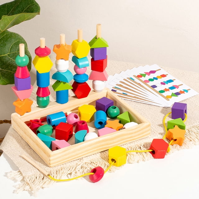 RYRDWP Clearance Wooden Kids Colorful Five-Column Stacking & Threading Beads Toy - Rainbow Geometric Matching Cognitive Plug-In Educational Puzzle