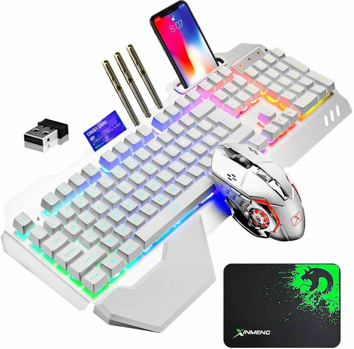Wireless Gaming Keyboard & Mouse & Headset & Mouse Pad Combo Set 4 in 1,16 RGB Backlit Rechargeable Keyboard with Palm Rest,7 Backlit Gaming Mouse & RGB Bluetooth Headphones for Laptop Computer PC