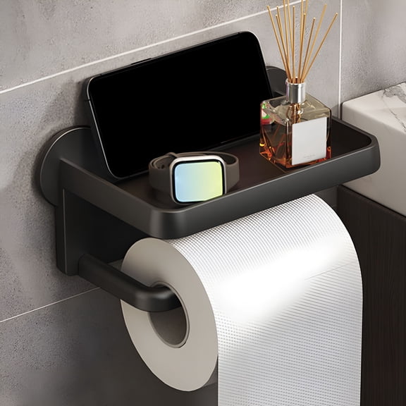BPPEG Toilet Paper Holder Stand,Modern Bathroom Free Standing Toilet Paper Roll Holder,Stainless Steel Tissue Rack with Phone Shelf Free Standing Toilet Paper Stand (Black)