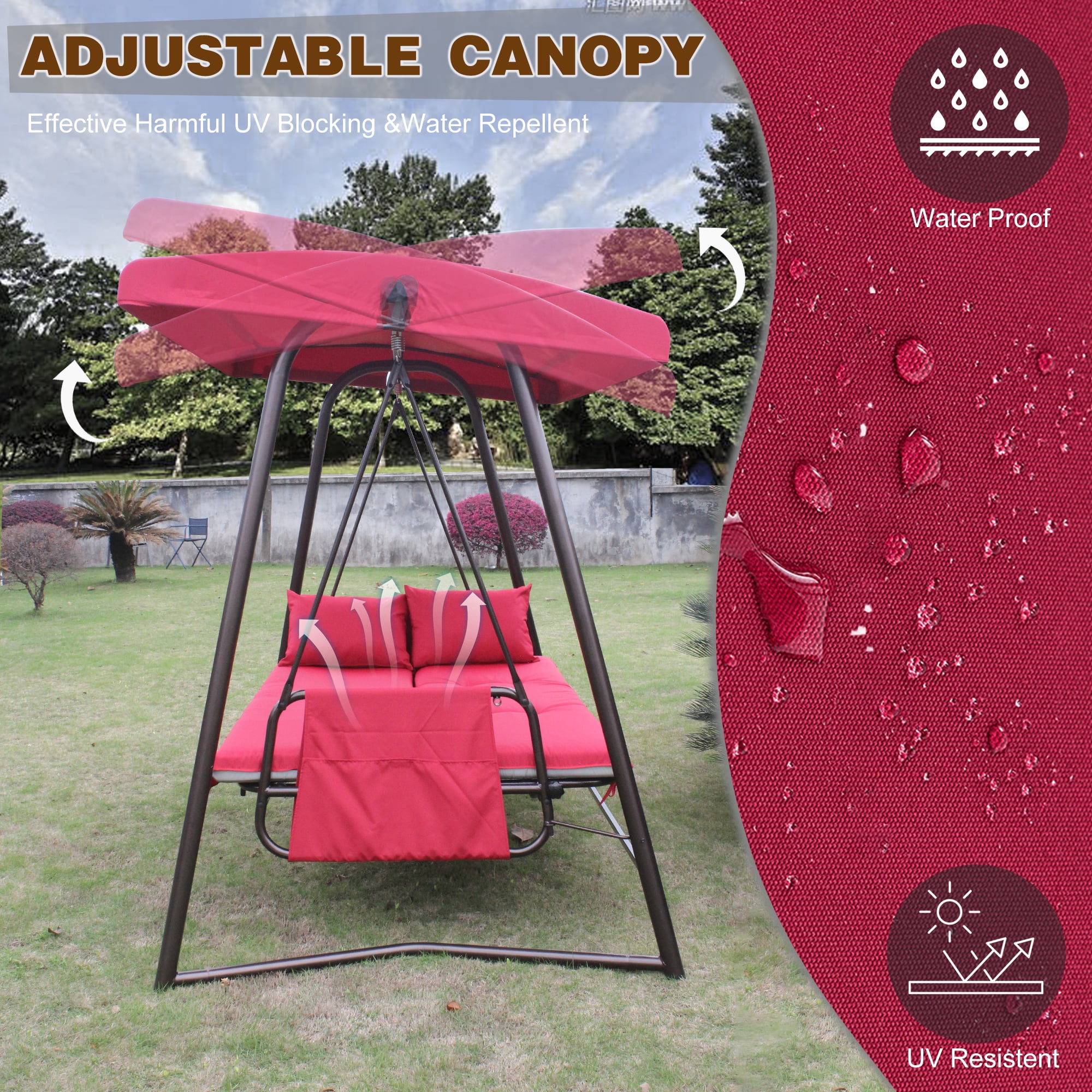 Outdoor Patio 3-Seater Metal Swing Chair with Adjustable Canopy & Thick Cushion, 600 lb Capacity Hanging Swing Bed for Garden Backyard Porch Deck, Red