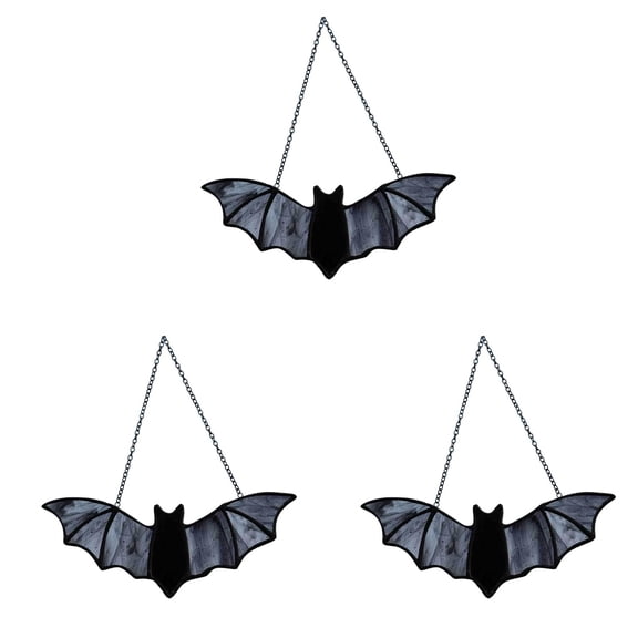 Halloween Bat Stained Glass Window Hanging Acrylic Suncatcher, Black Bat Wall Decoration Art with Chain for Home Decor, Spooky Party Ornament for Window Door Ceiling 3PC