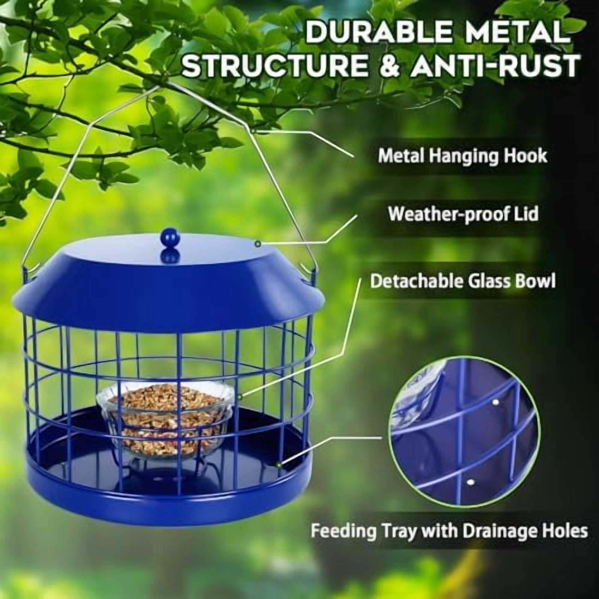 Caged Bluebird Feeder for Mealworms with Glass Bowl, Squirrel Proof Bird Feeder for Small Birds Only, Detachable Hook, Large Space, Outdoors Weatherproof, Metal, Blue
