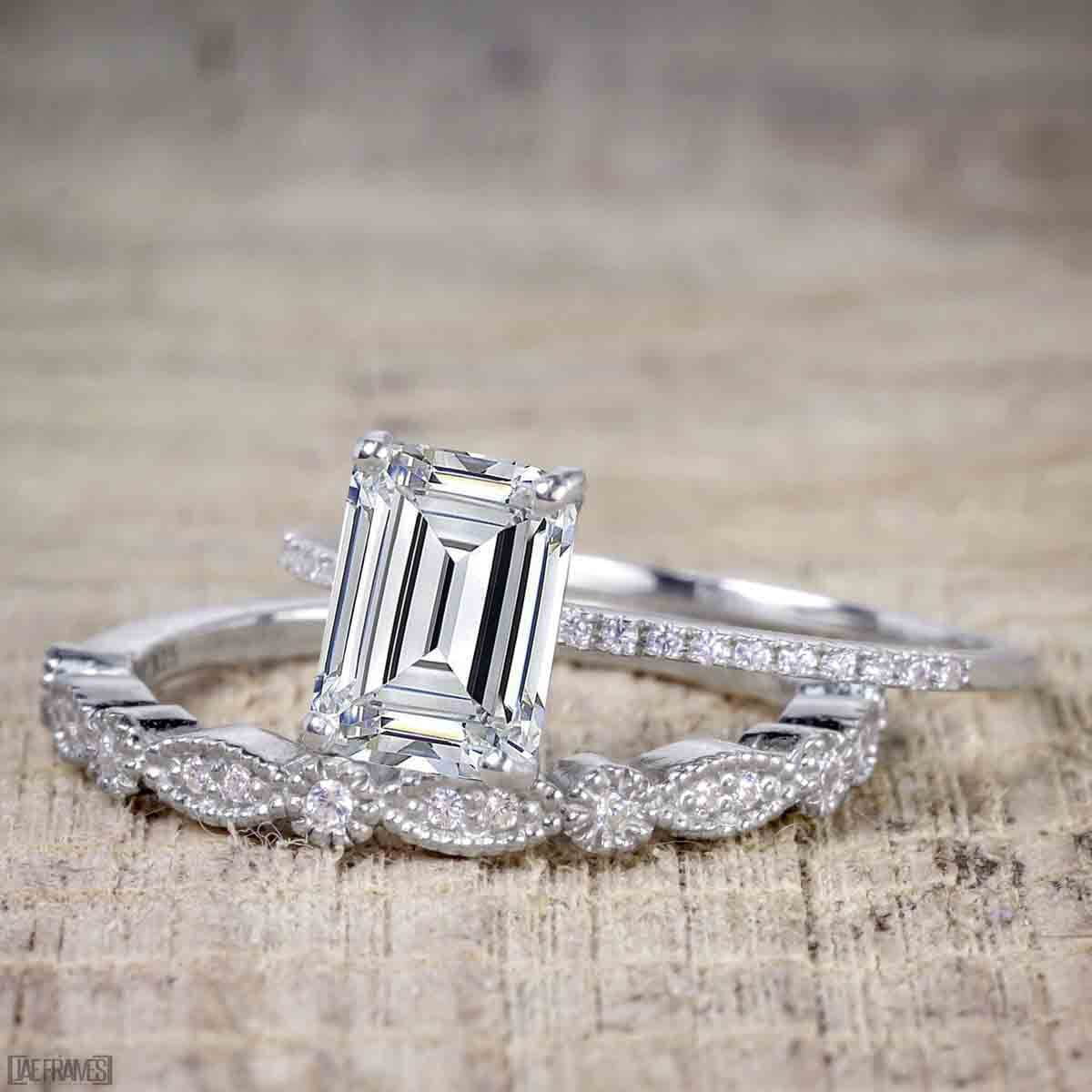 Art deco Emerald Engagement Ring Set | Antique Rose Gold Moissanite We –  henryrocky.