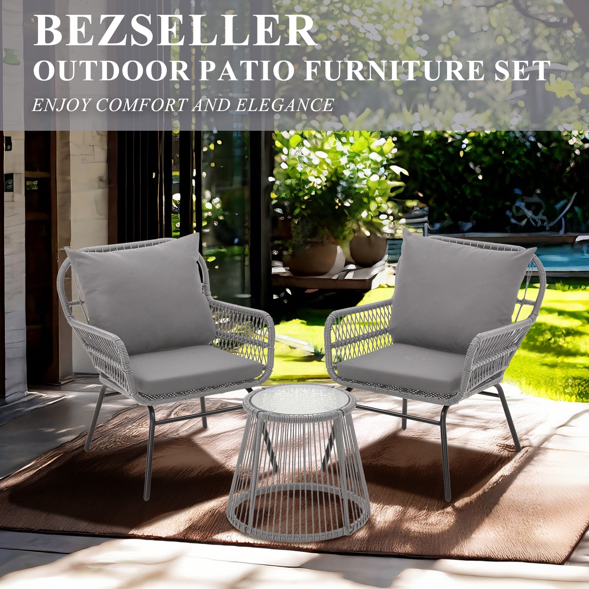 Bezseller 3-Piece Outdoor Wicker Furniture Set, Patio Conversation Set, Gray