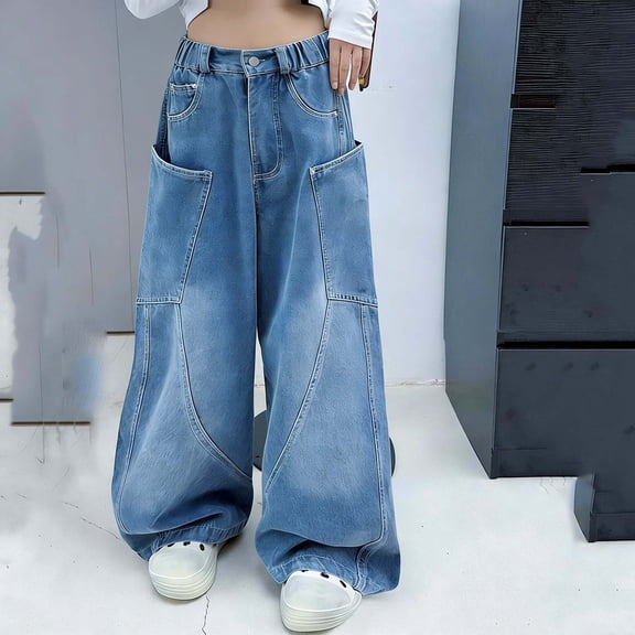 ATOGUTA Girls Jeans Baggy Denim Pants Elastic High Waist Wide Leg Jeans with Pockets Size 4T-15, Blue