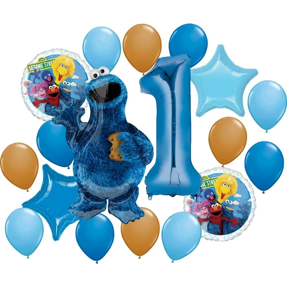 Amscan Cookie Monster Birthday Party Supplies Decorations Big Balloon Bundle with Character Mylar's, Star Mylar's, Big Number 1 and Latex Balloons