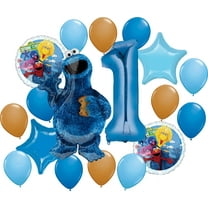 Amscan Cookie Monster Birthday Party Supplies Decorations Big Balloon Bundle with Character Mylar's, Star Mylar's, Big Number 1 and Latex Balloons