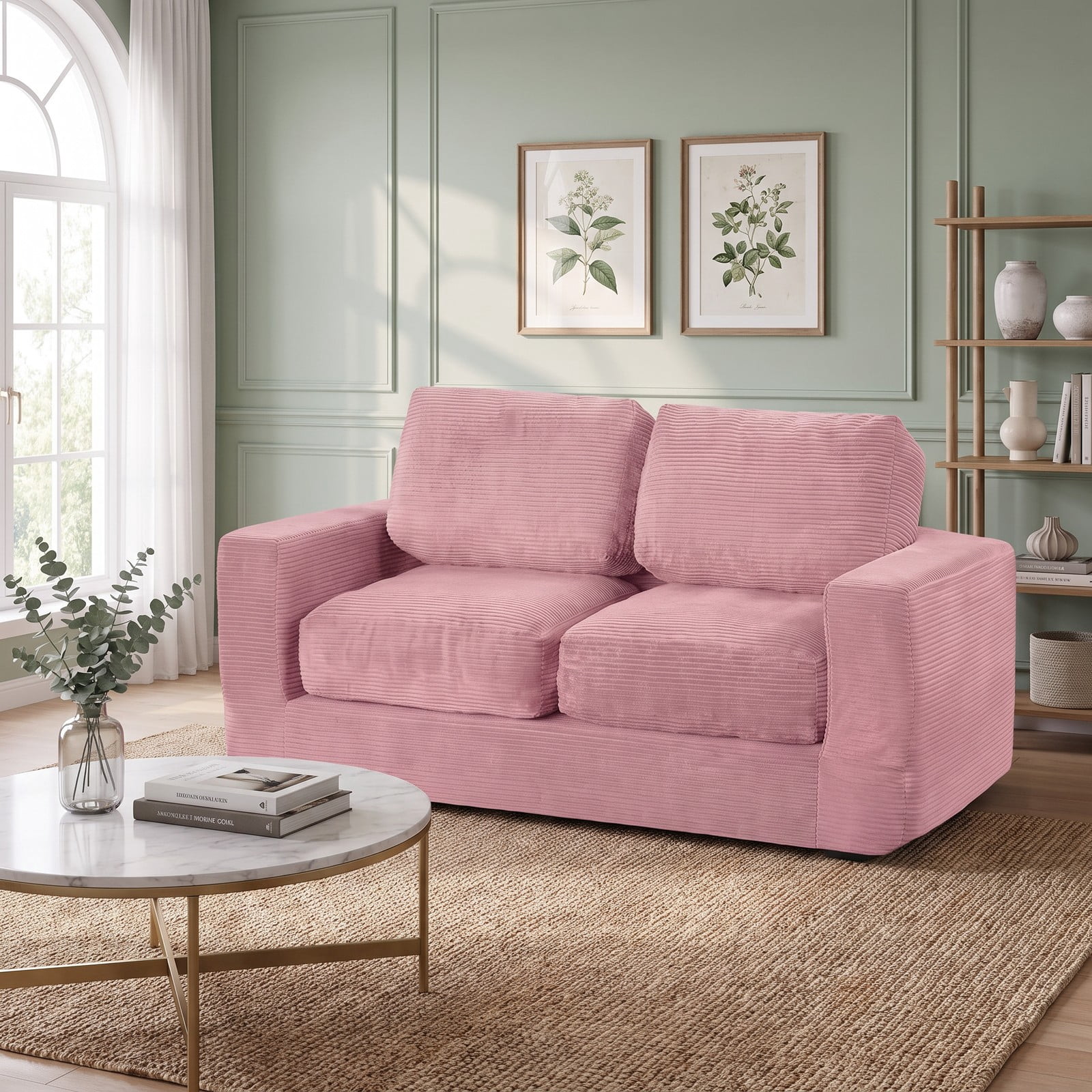 Furnibear 2-Seater Floor Couch Loveseat, Convertible Foam Sofa Lazy Couch with Removable Corduroy Cover, High-Density Sponge Filled Sofa Bed for Living Room, Pink