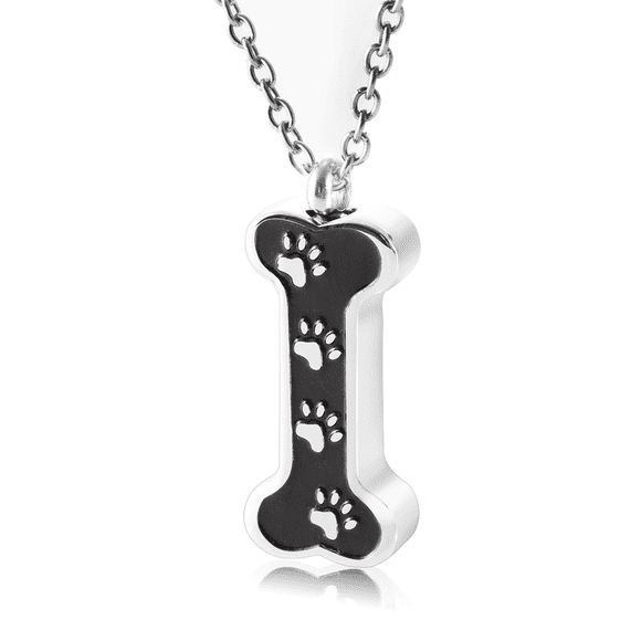 Pet Memorial Bone - Shaped Urn Necklace, with Paw Prints, Keepsake for Dog Ashes, Vintage Cremation Jewelry Pendant