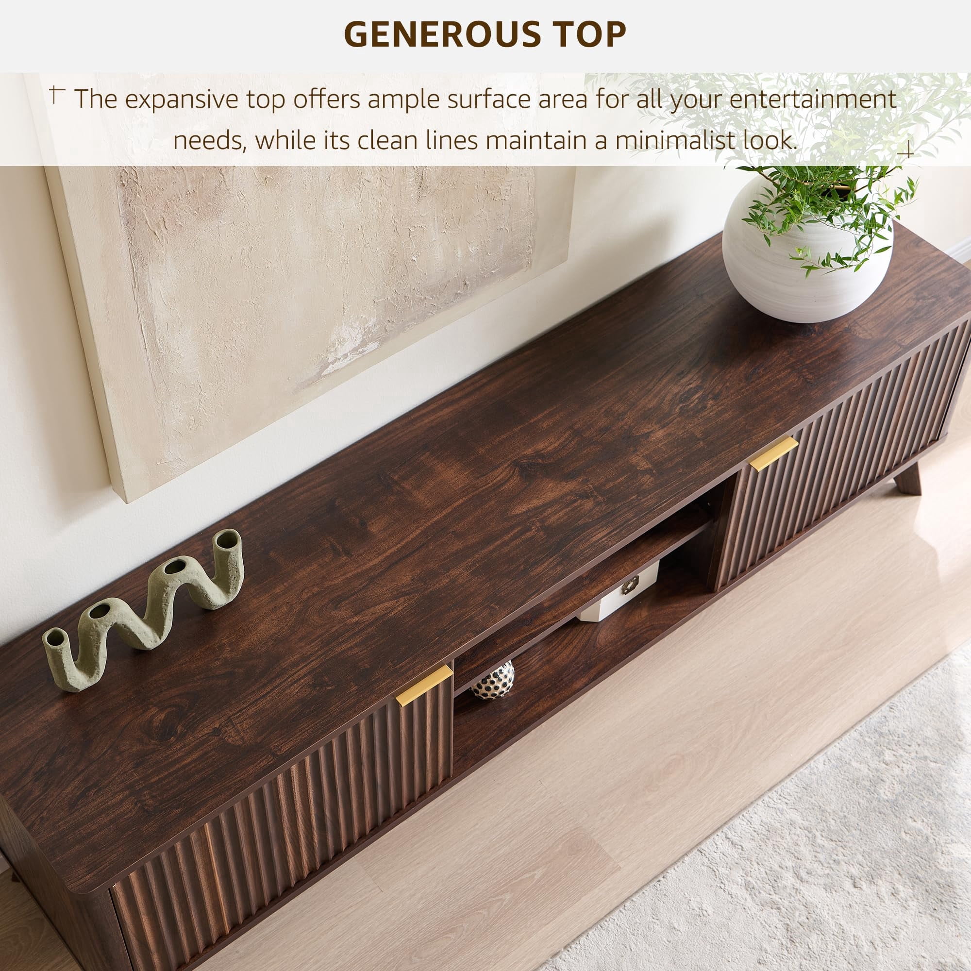 OKD 70" Modern Farmhouse TV Stand with 2 Soft Close Door, Fluted Entertainment Center Console Table, Media Furniture for Living Room, Dark Walnut
