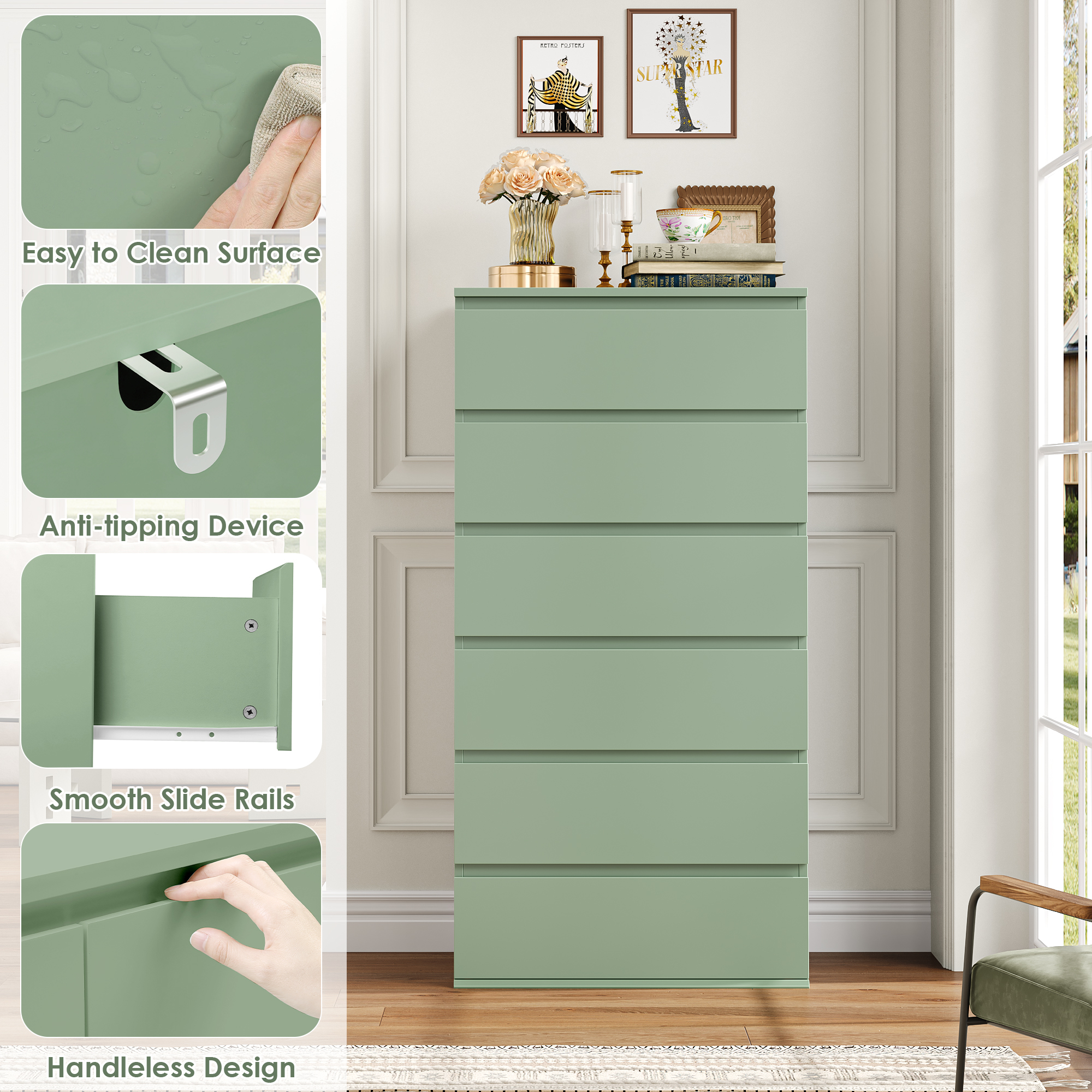 Homfa 6 Drawer Dresser, Modern Storage Cabinet for Bedroom,Tall Chest of Drawers for Living Room，Green