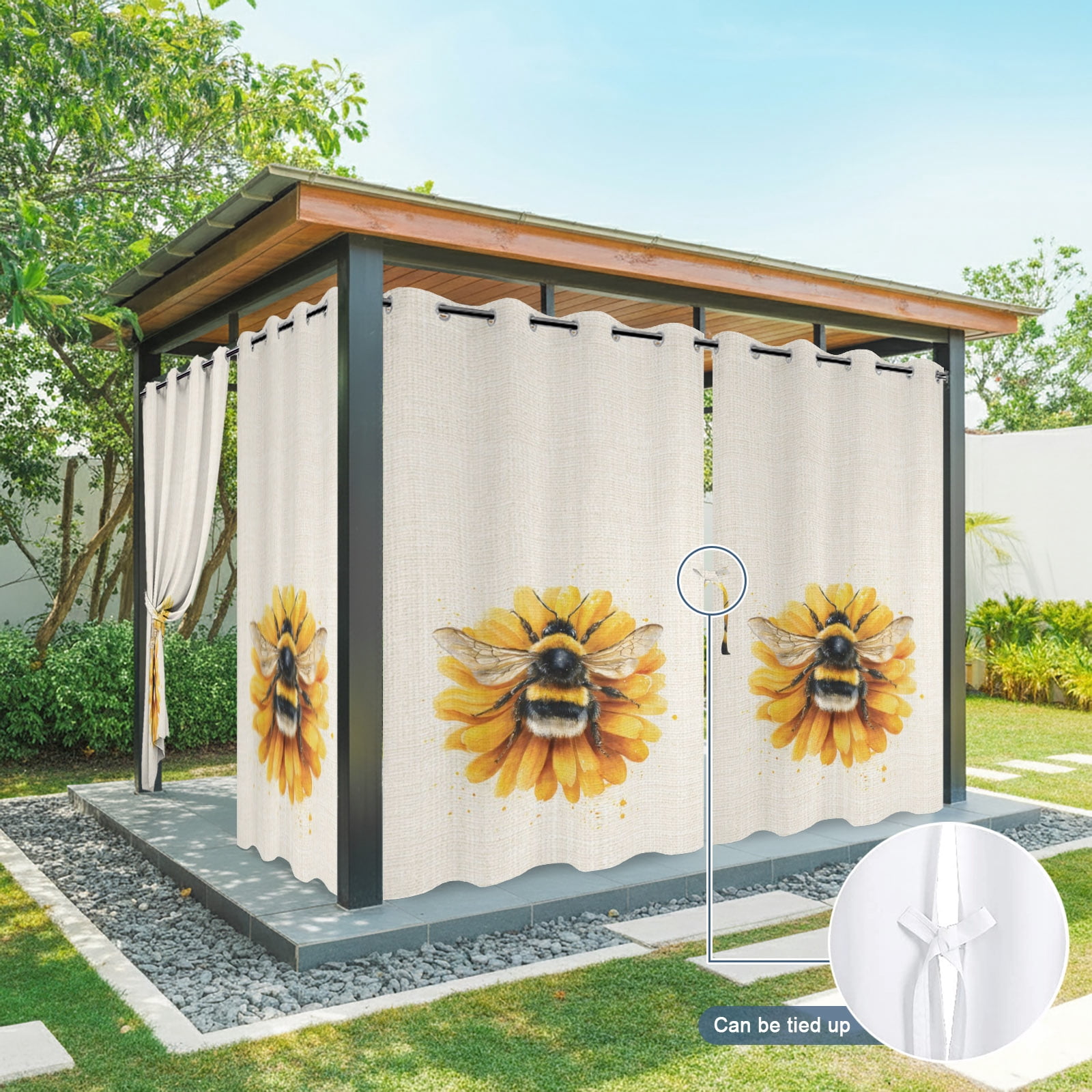 Yellow Flower Outdoor Curtains for Patio, Summer Bee Farmhouse Vintage Daisy Sunshade Privacy Drapes Grommet Waterproof Outside Curtains for Porch/Cabana/Balcony 54"x 108", 1 Panel