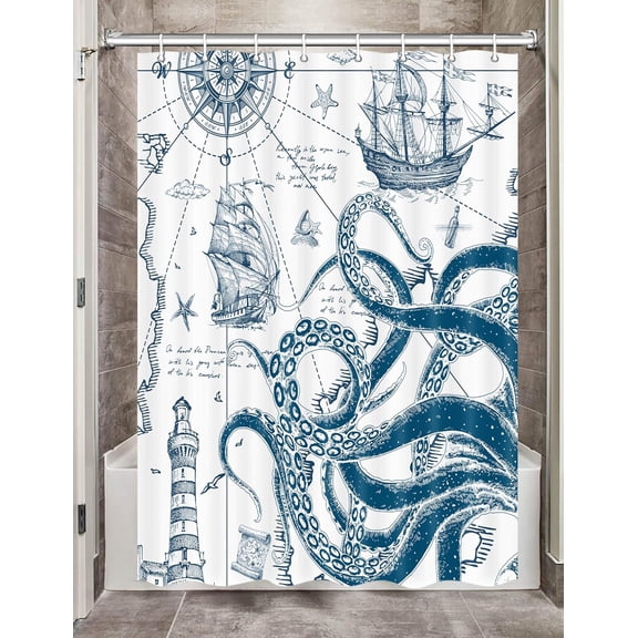 Funny Nautical Octopus Camper RV Shower Curtain for Travel Trailer Bathroom, Ocean Camping Fabric Stall Small Narrow Shower Curtains Set, Happy Camp Outdoor Decor Accessories with Hooks 47X64
