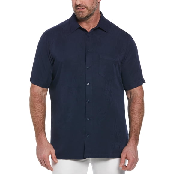 Cubavera Camisa de Manga Corta con Botones y Estampado Floral de Dos Tonos para Hombre, Azul Marino, M