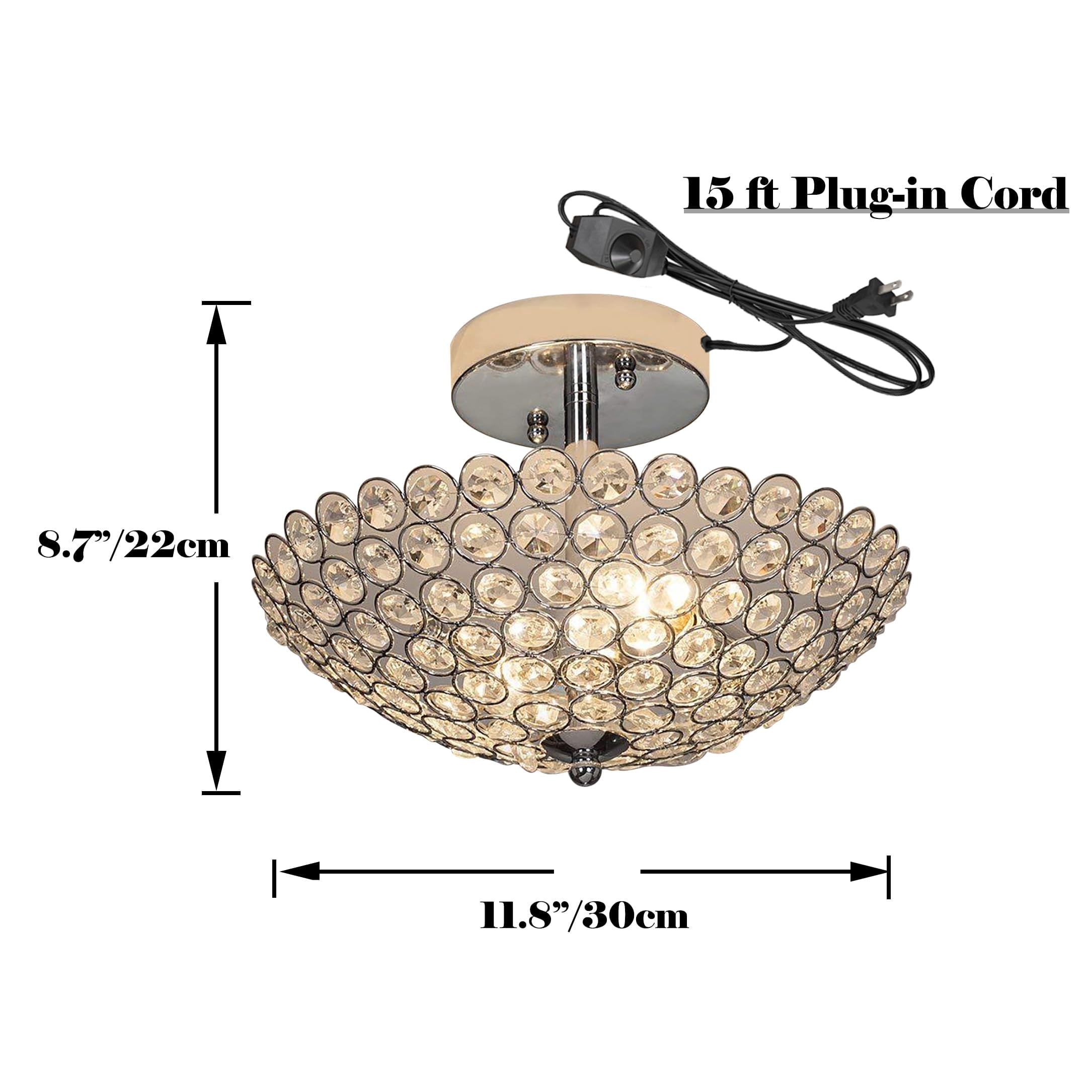 Kiven 11.8in Flush Mount Ceiling Light Fixture Dimmable, 3-Light Anti Glare Close to Ceiling Light with 15FT Plug-in Cord, Modern Crystal Chandelier for Bedroom Kitchen Island Hallway