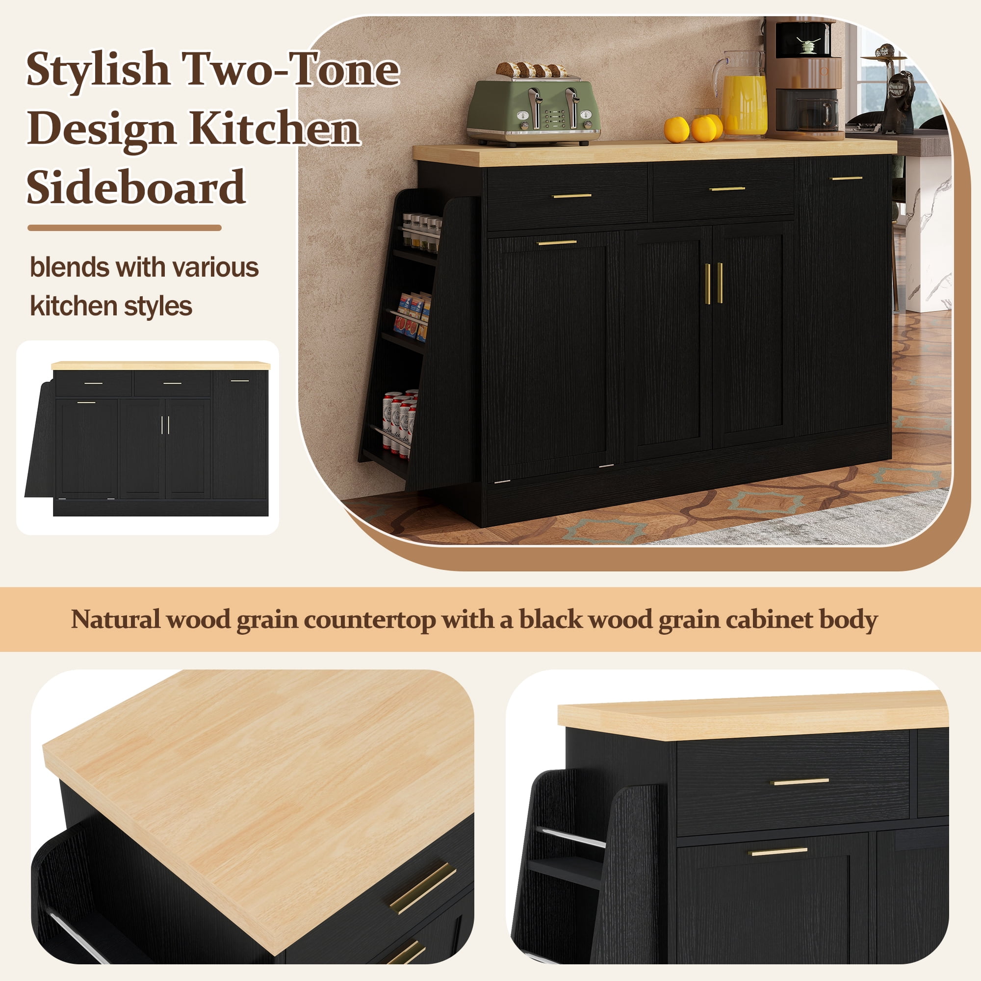 Euroco Farmhouse Buffet Cabinet with Tilt Out Trash Can,48.8" Sideboard Coffee Bar Cabinet with 2 Drawers,Sliding Door Cabinet & 3-Tier Spice Rack,Kitchen Island Table for Kitchen Living Room,Black