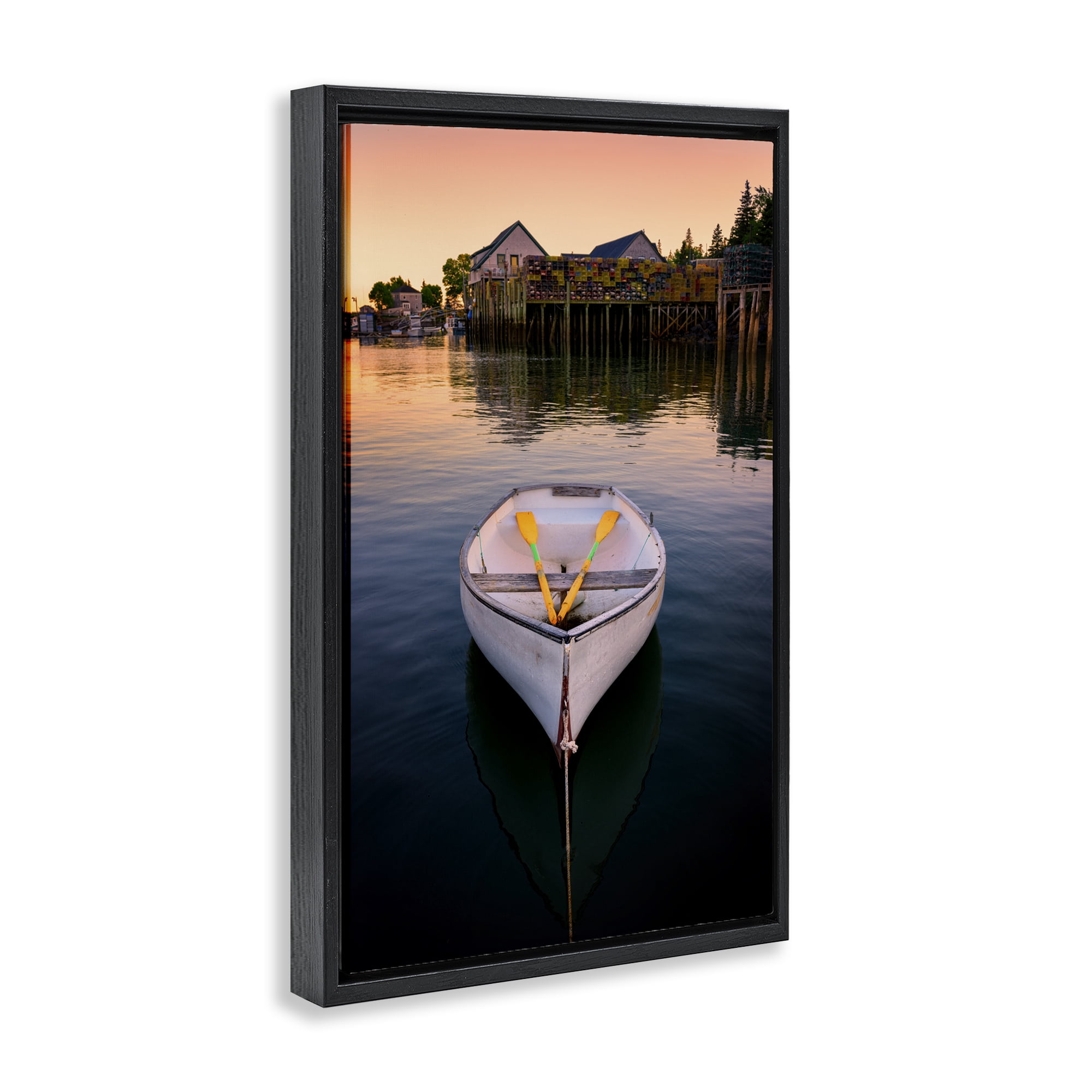 Stupell Industries Docked Rowboat with Oars Transportation Photography Black Floater Framed Canvas Art Print Wall Art, 17 x 25