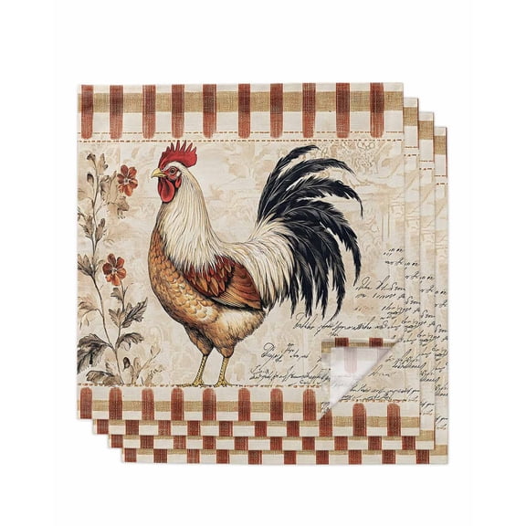 nqOlkjepod Vintage Rooster Cloth Napkins Set of 4 Reusable Dinner Napkins, Watercolor Spring Floral Farmhouse Animals Cocktail Napkin Washable Table Napkins for Wedding/Party/Baby Shower 20"x20"