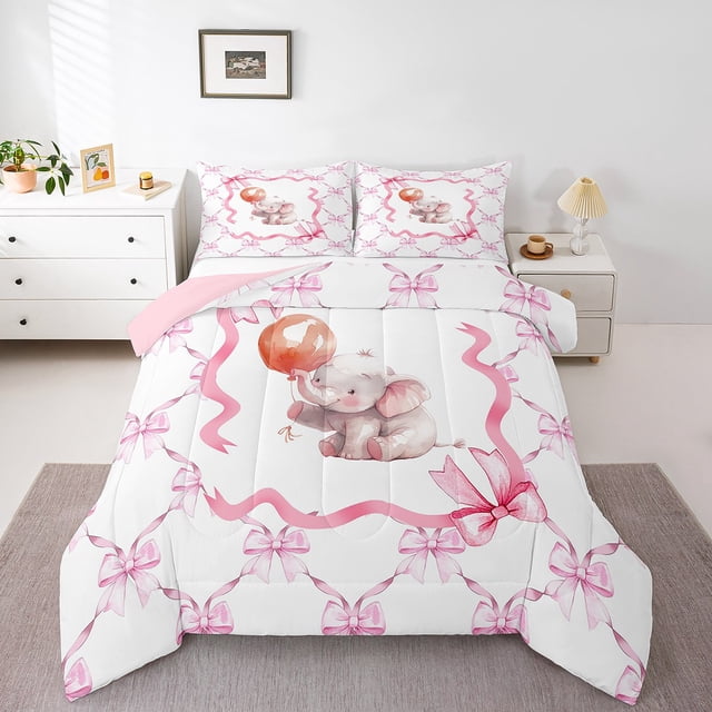 Erosebridal Cute Elephant Bedding Full Comforter Set, Pink Bow Tie Down Comforter, Balloon Star Decor, Reversible