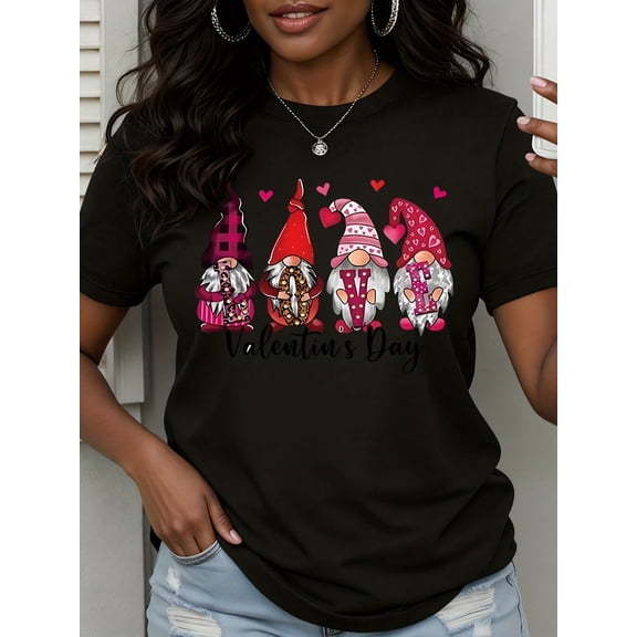 Valentines Day Gnomes Couple Love Heart Print T Shirt Women Cute Valentine Gift Top