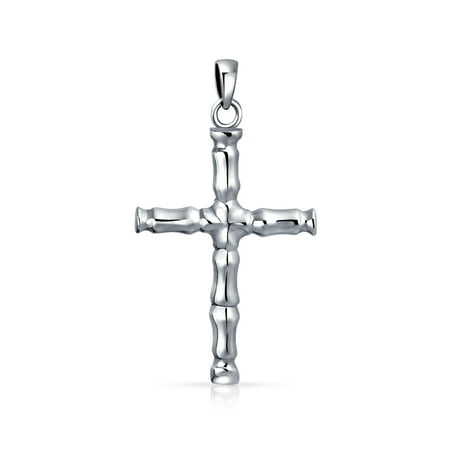 Large Bamboo Cross Pendant Sterling Silver Necklace 18 Inches