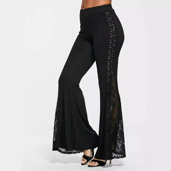 Levmjia Pants for Women Casual Elastic High Waist Wide Leg Pants Fashionable Design With Lace Flared Pants Woman