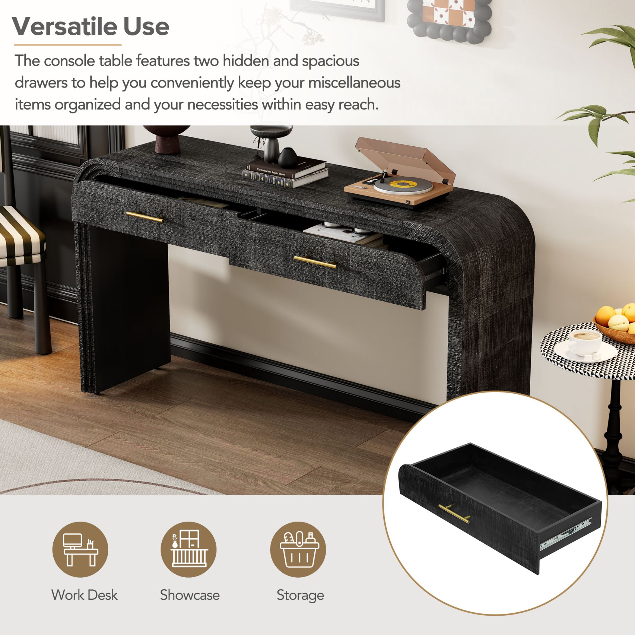 Aukfa 59" Console Table with 2 Drawers, Retro Entryway Table with Storage, Narrow Long Sofa Table for Living Room, Hallway, Foyer - Antique Black