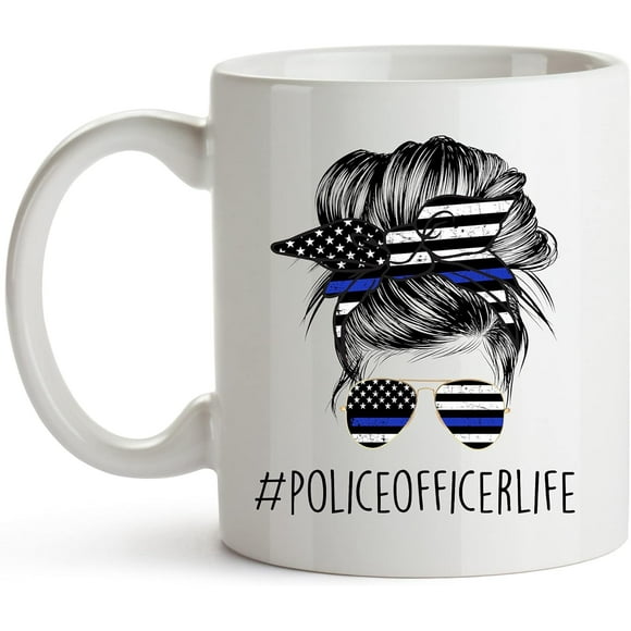 YouNique Designs Female Police Officer Mug, 11 Ounces, Law Enforcement Coffee Mug for Women, Police Academy Graduation Cup, Cop Mug for Her, Police Themed Coffee Mug (Black Handle)