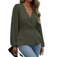 thumbnail image 3 of Women Dressy Long Sleeve Blouses,Wrap Peplum Work Shirts V Neck Business Tops Elegant Fall Outfits Green L, 3 of 9