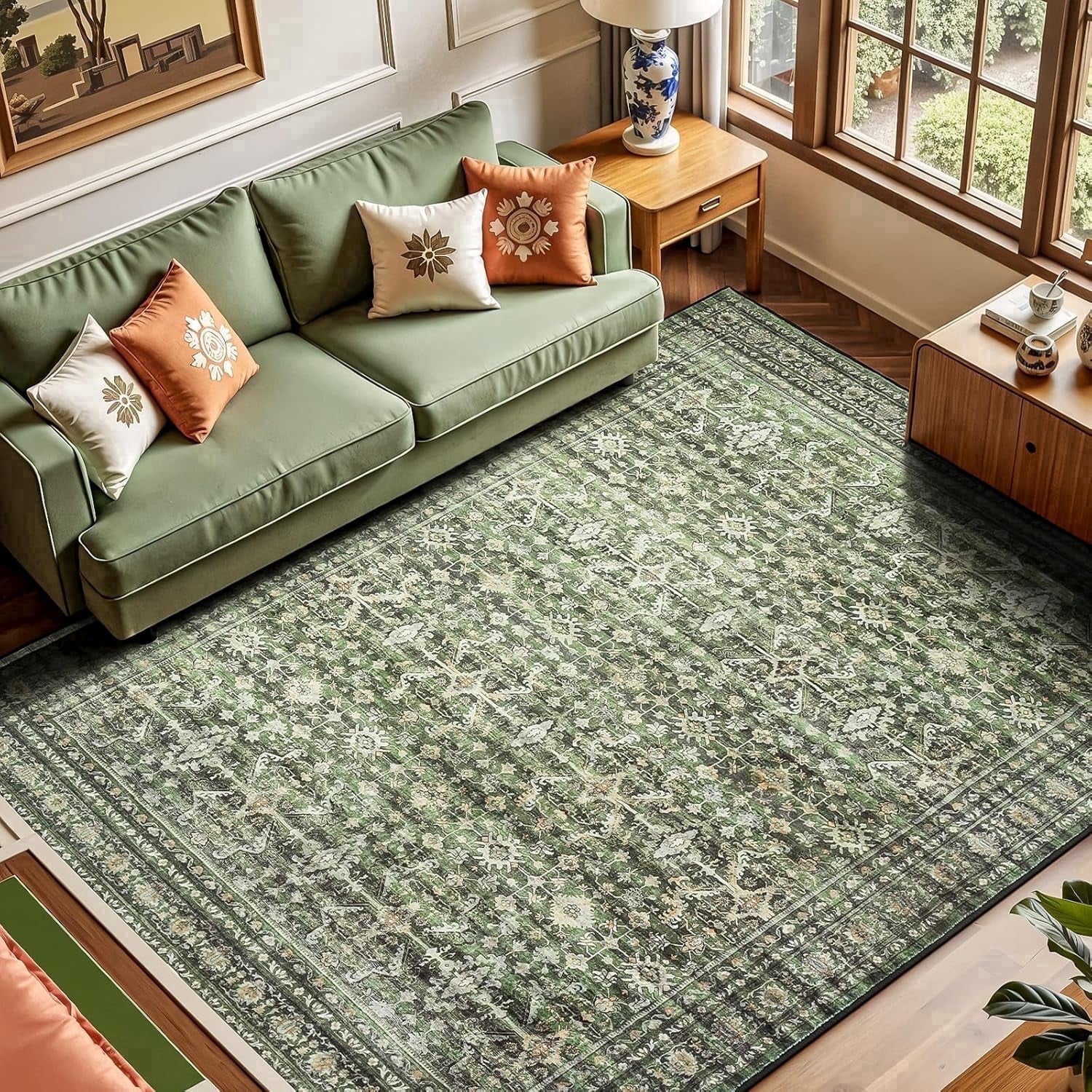 Reepow 5x7 Area Rugs for Living Room Washable Large Boho Green Carpet Vintage Floral Low Pile Indoor Soft Rugs for Bedroom Dining Room Home Office