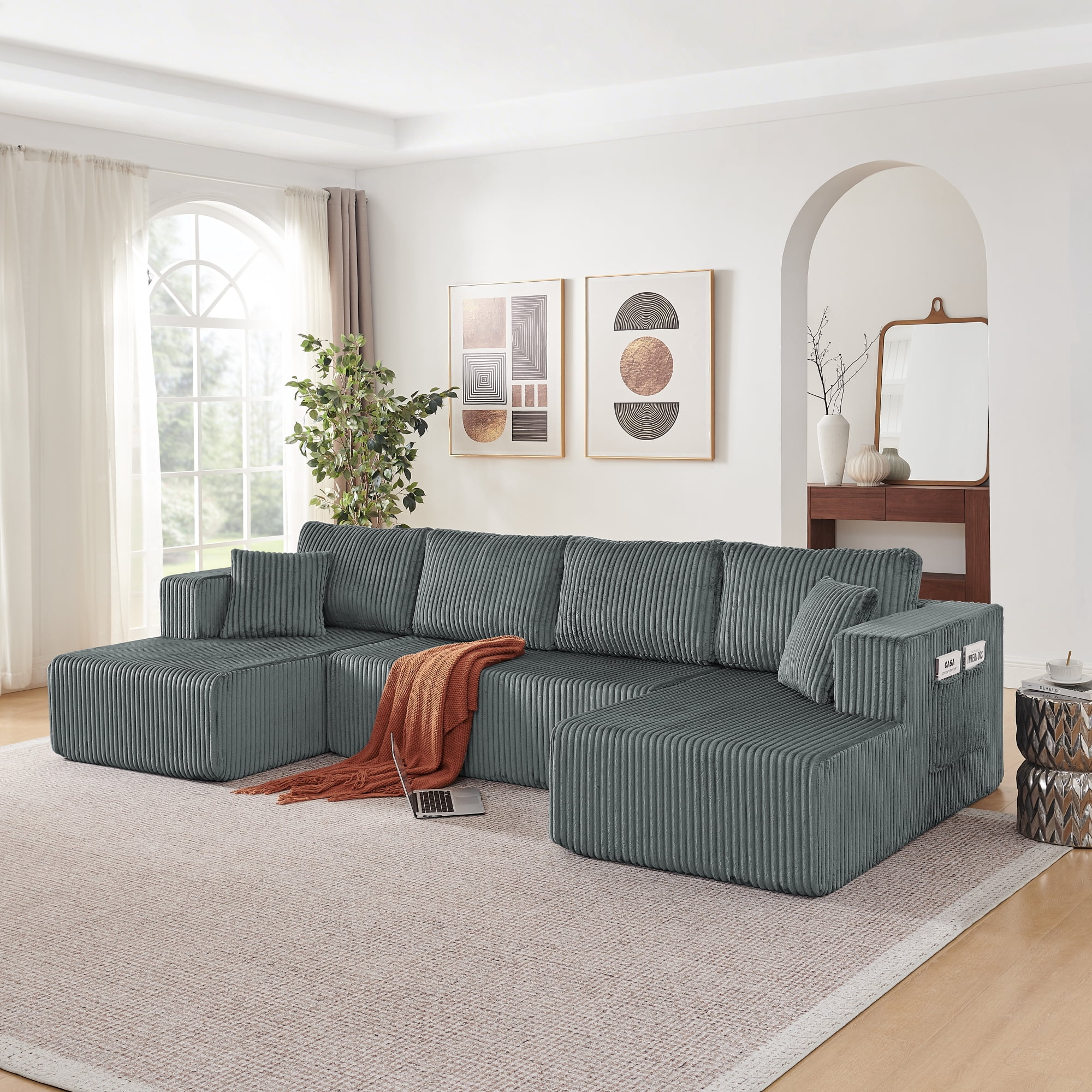 Leumius 132" U Shaped Modular Sectional Sofa,Modern Minimalist Corduroy Boneless Cloud Sofa with Double Chaise,Memory Foam Sectional Couch with Deep Seat for Living Room, No Assembly,Dark Gray