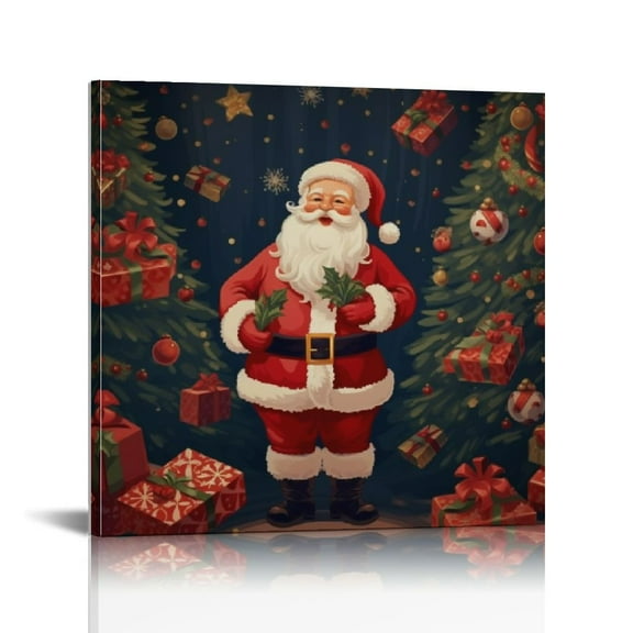 JRXY Framed Canvas Wall Art Merry Christmas Santa Claus Oil Painting 16x16in 12x12 in