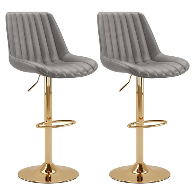 Set of two CorLiving Arwen indoor barstools featuring gray faux leather seats with vertical channel tufting, adjustable height mechanism, and shiny gold pedestal bases with circular footrests.