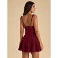 thumbnail image 2 of Burgundy Women's Solid Color Deep V-Neck Ruffle Hem Sleeveless Dress,, 2 of 6