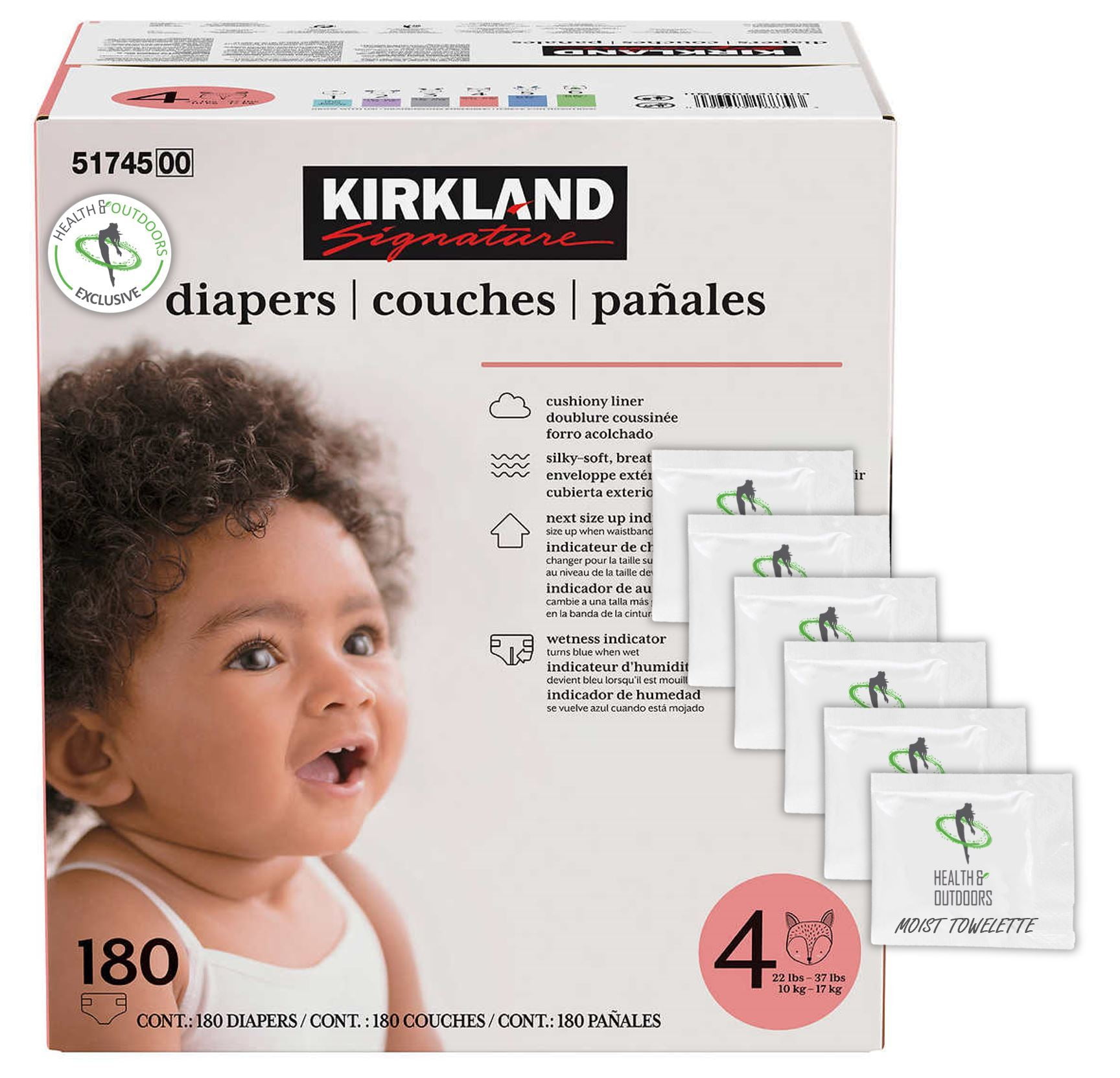 174 Count W/ Exclusive Health and Outdoors Wipes 12lbs - 18 lbs Kirkland Signature Diapers Size 2